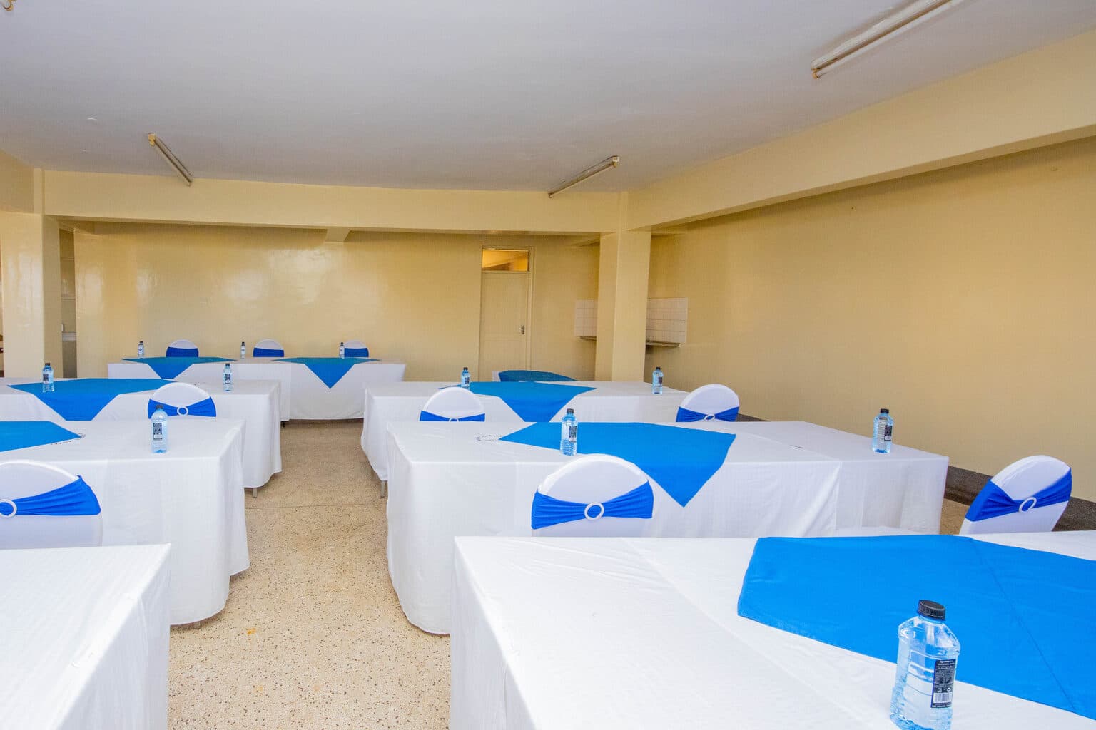Tables dressed in white and blue