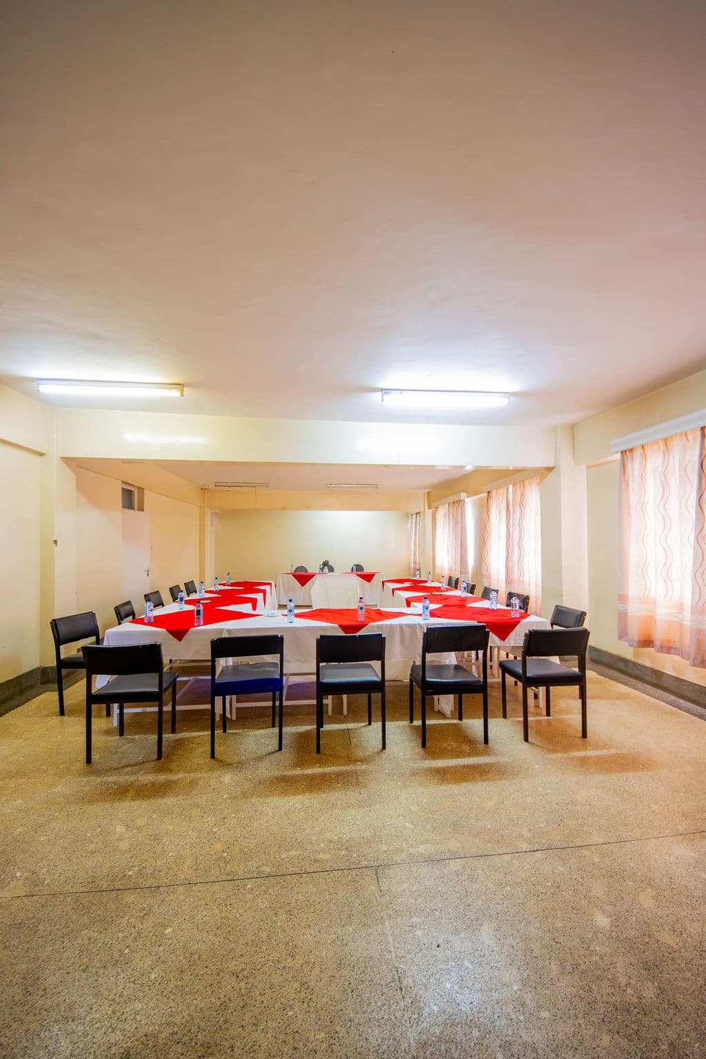 The conference hall set for a full day