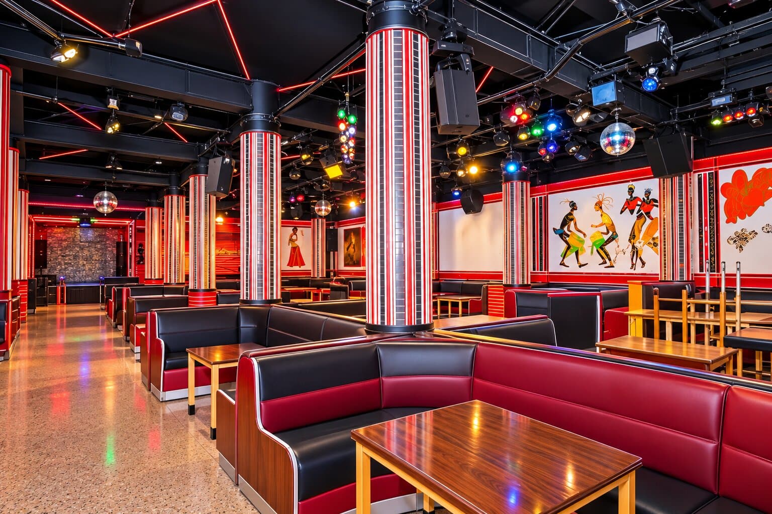 Booth seating along the length of the room